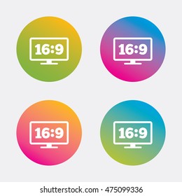 Aspect ratio 16:9 widescreen tv sign icon. Monitor symbol. Gradient flat buttons with icon. Modern design. Vector