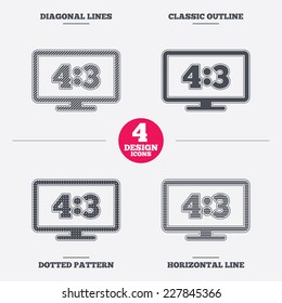 Aspect ratio 4:3 widescreen tv sign icon. Monitor symbol. Diagonal and horizontal lines, classic outline, dotted texture. Pattern design icons.  Vector