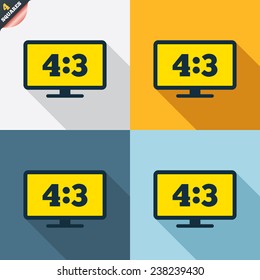 Aspect ratio 4:3 widescreen tv sign icon. Monitor symbol. Four squares. Colored Flat design buttons. Vector