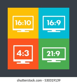 Aspect ratio icons, 16:9, 16:10, 4:3, 21:9, widescreen and standard monitors, tv