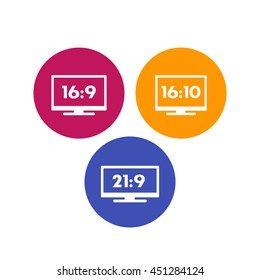 Aspect ratio icons on white, 16:9, 16:10, 21:9 widescreen tv, monitors, vector illustration