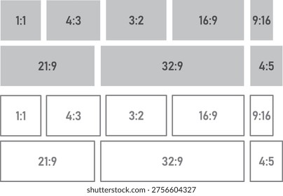Aspect Ratio Icons Set Common Screen Ratios 1:1 4:3 3:2 16:9 9:16 21:9 32:9 4:5 Layout
