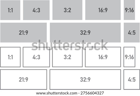 Aspect Ratio Icons Set Common Screen Ratios 1:1 4:3 3:2 16:9 9:16 21:9 32:9 4:5 Layout