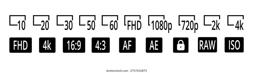 Aspect ratio indicators and resolution labels. Vector AF icons, RAW format tags and exposure markers. Digital cameras and mobile photography apps elements. UI design and interface presentations