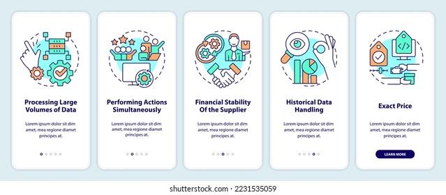 Aspects for assess business tools onboarding mobile app screen. IoT walkthrough 5 steps editable graphic instructions with linear concepts. UI, UX, GUI template. Myriad Pro-Bold, Regular fonts used