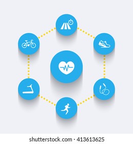 Aspects of cardio training, round blue icons, infographics elements, vector illustration