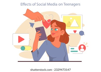 Aspects and effects of social media on teens. Psychological effects of social networks on teenagers and young people. Positive and negative impact. Flat vector illustration