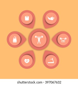 aspects of gym training, fitness, infographics elements, icons, color template, vector illustration