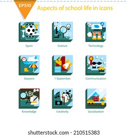 Aspects of School Life. Icons.Set isolated on white background, vector illustration