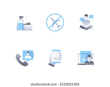 Aspectos del autoaislamiento: conjunto de iconos de estilo de diseño plano. Imágenes coloridas de alta calidad de desinfectante, prohibición de vuelos, yoga en casa, llamadas telefónicas, información, Asistencia en línea. Cuidar de su salud