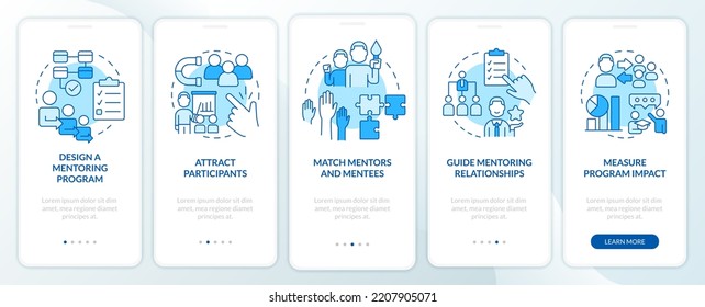 Aspects of successful coaching blue onboarding mobile app screen. Walkthrough 5 steps editable graphic instructions with linear concepts. UI, UX, GUI template. Myriad Pro-Bold, Regular fonts used