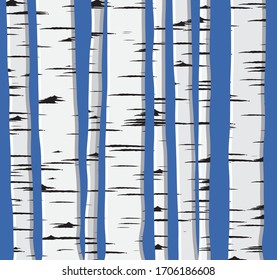 Aspen or birch grove pattern. Tree trunks on blue background, simple vector illustration of Birch Stems . Autumn, fall and summer graphic color wallpaper 