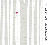 Aspen Birdie: a little red birdie perches among the trees in an Aspen grove. Fully editable vector illustration.