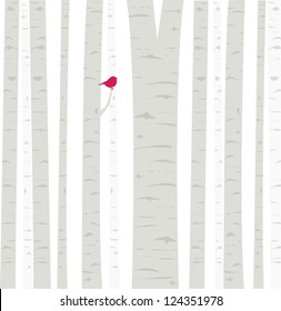 Aspen Birdie: a little red birdie perches among the trees in an Aspen grove. Fully editable vector illustration.