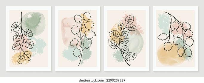 Aspen branches with foliage outline wall decor printable posters collection. Pastel colors tree leaves abstract artworks. 