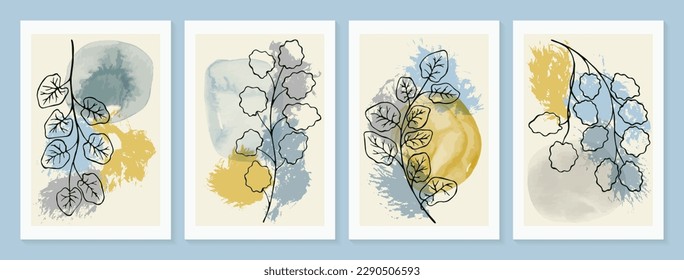 Aspen branches with foliage outline wall decor printable posters collection. Pastel blue gold colors tree leaves abstract artworks. 