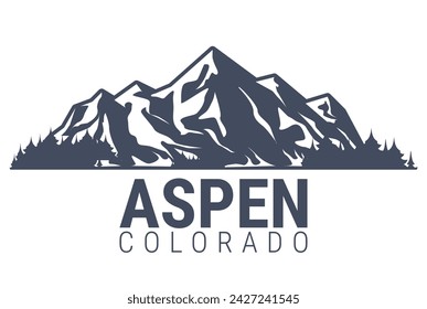 Aspen, Colorado ski resort emblem, snow covered mountains range, vector