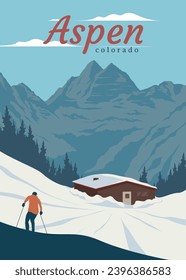 aspen colorado travel poster vintage design, aspen winter landscape illustration design