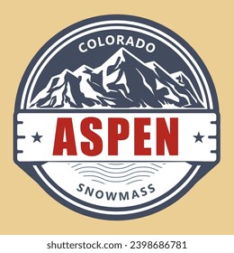 Aspen label, snowmass village in Colorado emblem, windter ski resort stamp, Aspen emblem with snow covered mountains, vector