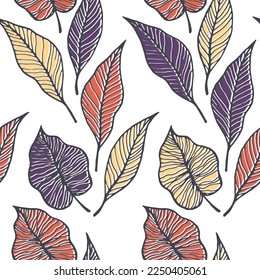 Aspen leaf floral vector seamless pattern. Flora elements background. Tree plant foliage skeleton lines. Organic leaves herbal endless ornament. Ornate fabric print.