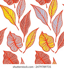 Aspen leaf floral vector seamless pattern. Flora elements background. Tree plant foliage skeleton illustration. Colorful leaves herbal endless ornament. Minimalist textile print.