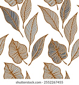 Aspen folha floral vetor sem emenda padrão. Plano de fundo dos elementos de flora. Linhas de esqueleto de folhagem de árvore. Silhuetas de folha de botânica de fundo natural. Design delicado de verão.