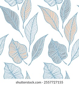 Aspen leaf floral vector seamless pattern. Nature handdrawn wallpaper. Tree plant foliage skeleton texture. Bright leaves herbal endless ornament. Delicate summer design.