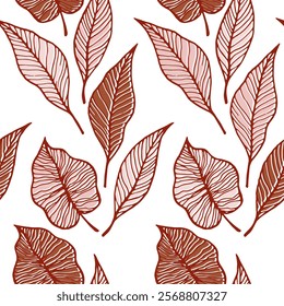 Aspen leaf floral vector seamless pattern. Nature doodle wallpaper. Tree plant foliage skeleton lines. Vibrant leaves herbal endless ornament. Ornate fabric print.