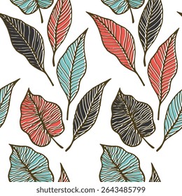 Aspen folha floral vetor sem emenda padrão. Natureza rabiscar papel de parede. Textura de esqueleto de folhagem de árvore. Folhas decorativas herbal ornamento infinito. Impressão têxtil minimalista.