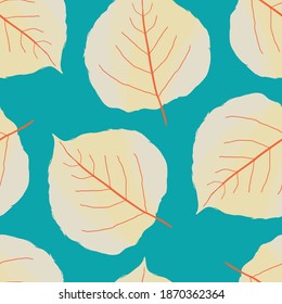 Aspen leaf seamless vector pattern background. Beautiful orange yellow hand drawn leaves with veins on aqua blue backdrop. Painterly watercolor effect design. Botanical organic foliage all over print.