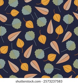 Aspen leaves foliage seamless pattern. Allover print floral leafy texture of poplar leaves and seeds on blue color background.