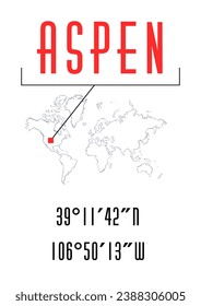 Aspen poster or t-shirt graphic design. City coordinates and world map location typography. Creative minimal poster design.