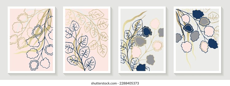 Aspen tree branches with abstract leaves and sadge grass vector cards set in pink gold dark blue colors. Aspen foliage, sadge plant nature posters. Wedding invitation card backgrounds. Summer prints.