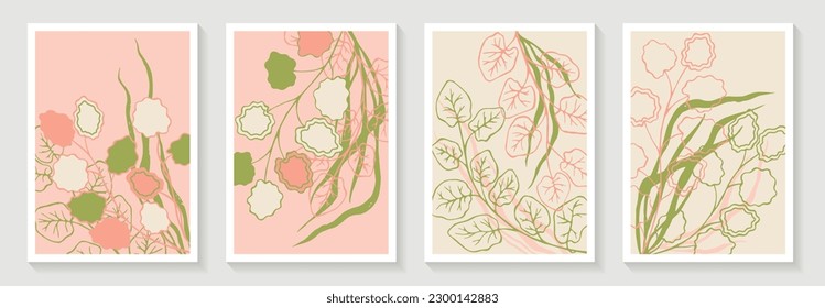 Aspen tree branches with abstract leaves and sadge grass vector cards set in pink green colors. Aspen foliage, sadge plant nature posters. Wedding invitation card backgrounds. Summer prints.