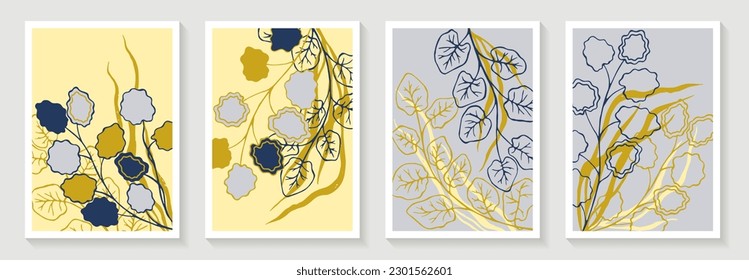Aspen-Baumzweige mit abstrakten Blättern und traurige Gras-Vektorkarten in dunkelblauen goldenen Farben gesetzt. Aspen-Blätter, traurige Pflanzennatur-Plakate. Hintergründe der Einladungskarte für Hochzeiten. Sommerabdrücke.