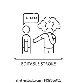 Icono lineal del síndrome de Asperger. Dificultad con la comunicación. La ansiedad social. Hombre con desorden. Ilustración personalizable de línea delgada. Símbolo de contorno. Dibujo de contorno aislado del vector. Trazo editable
