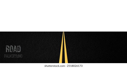 Asphalt background with perspective view. Textured black road with two yellow straight lines. Top view of highway with yellow markup. Street, traffic, direction, navigation, racing. Realistic vector.