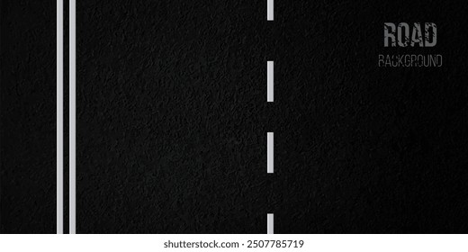 Asphalt background. Textured black road with two continuous and one dotted white straight lines. Top view of highway with white markups. Street, traffic, direction, navigation, trip. Realistic vector.