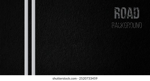 Asphalt background. Textured black road with two white continuous straight lines. Top view of highway with white markup. Street, traffic, direction, navigation, trip, racing. Realistic 3d vector.