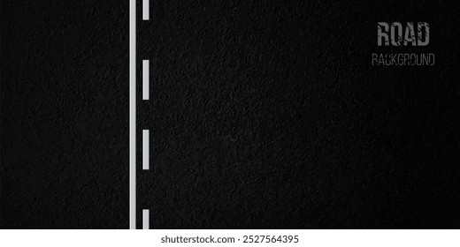 Asphalt background. Textured black road with continuous and dotted white straight lines. Top view of highway with white markup. Street, traffic, direction, navigation, trip. Realistic vector