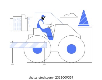 Asphalt compactor abstract concept vector illustration. Worker drives a drum roller for paving asphalt, industrial transport, heavy machinery and equipment, slab compactor abstract metaphor.