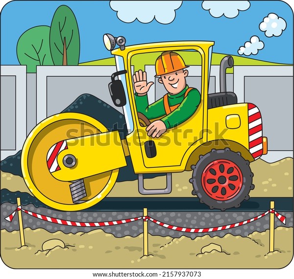 Asphalt compactor with a\
driver, construction worker. Coloring book for kids. Small funny\
vector cute car with an operator. Children vector illustration.\
Heavy machinery