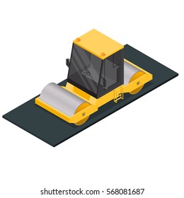 Asphalt Compactor Isometric View Special Equipment Machine for Road Repair. Vector illustration