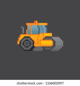 Asphalt compactor. Vector icon of road roller compactor. Road roller vector. Pixel art. 8 bit. Old school computer graphic style. 80s.