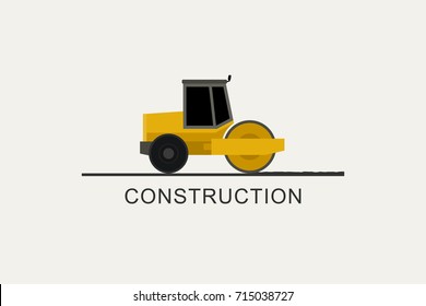 Asphalt compactor at work. Construction machinery in flat style. Road repair illustration