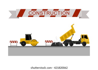 Asphalt compactor at work. Construction machines in flat style. Vector icons of building machinery.