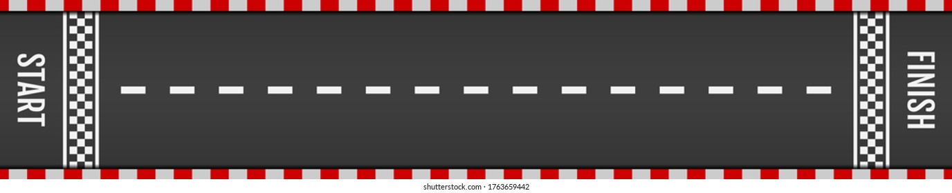 Asphalt for drive. Tarmac roadway with red grid texture border for sport competition. Line racing track with start and finish. Automobile road for car. 