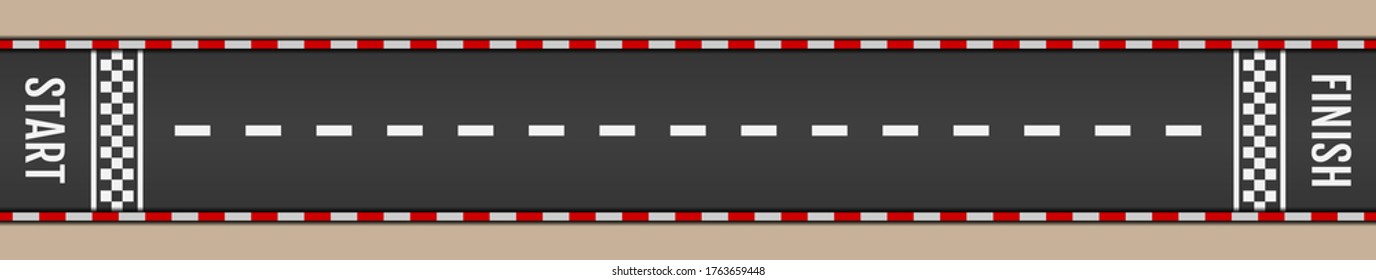 Asphalt for drive. Tarmac roadway with red grid texture border for sport competition. Line racing track with start and finish. Automobile road for car. 