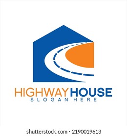 Asphalt highway logo template vector with house symbol concept background.