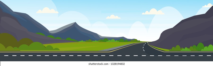 asphalt highway road and beautiful mountains natural landscape background horizontal banner flat